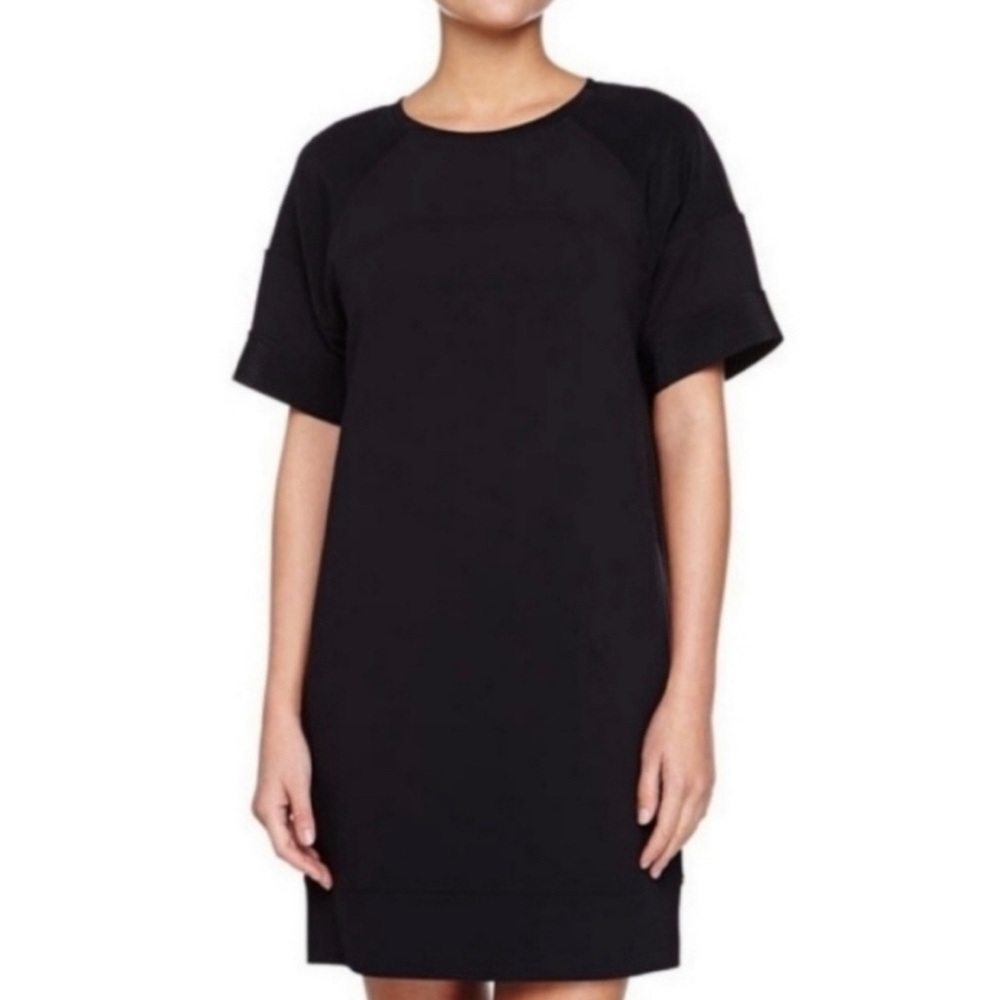 VINCE Short Sleeve Black Mini Shift T-Shirt Dress Silk Contrast Sleeves Large